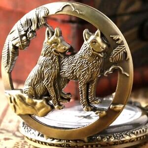 Wolf Wolves Pocket Watch Gold Necklace Werewolf Moon Christmas Halloween Gift
